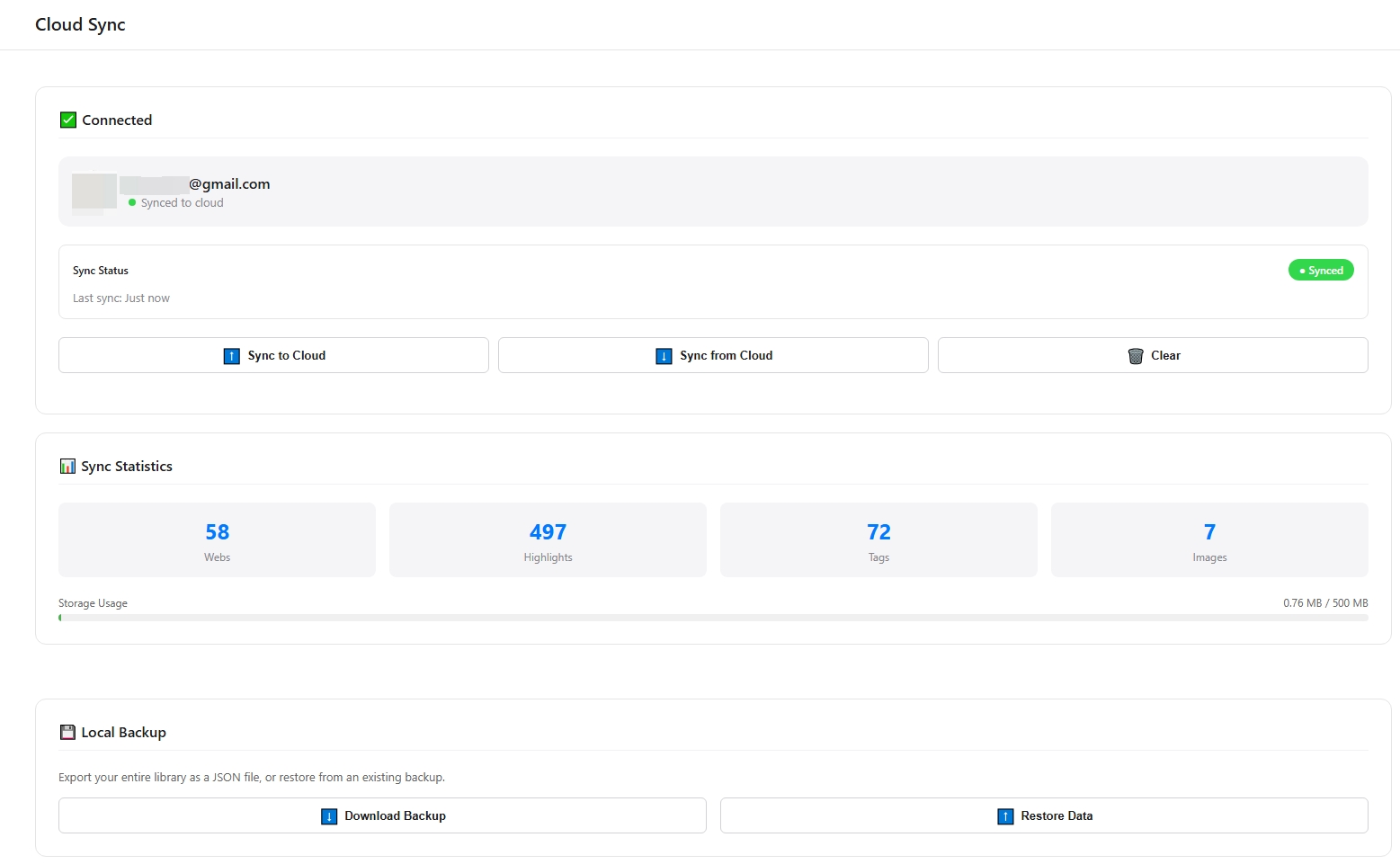 Cloud Sync page showing connected account, sync actions, sync statistics, and local backup