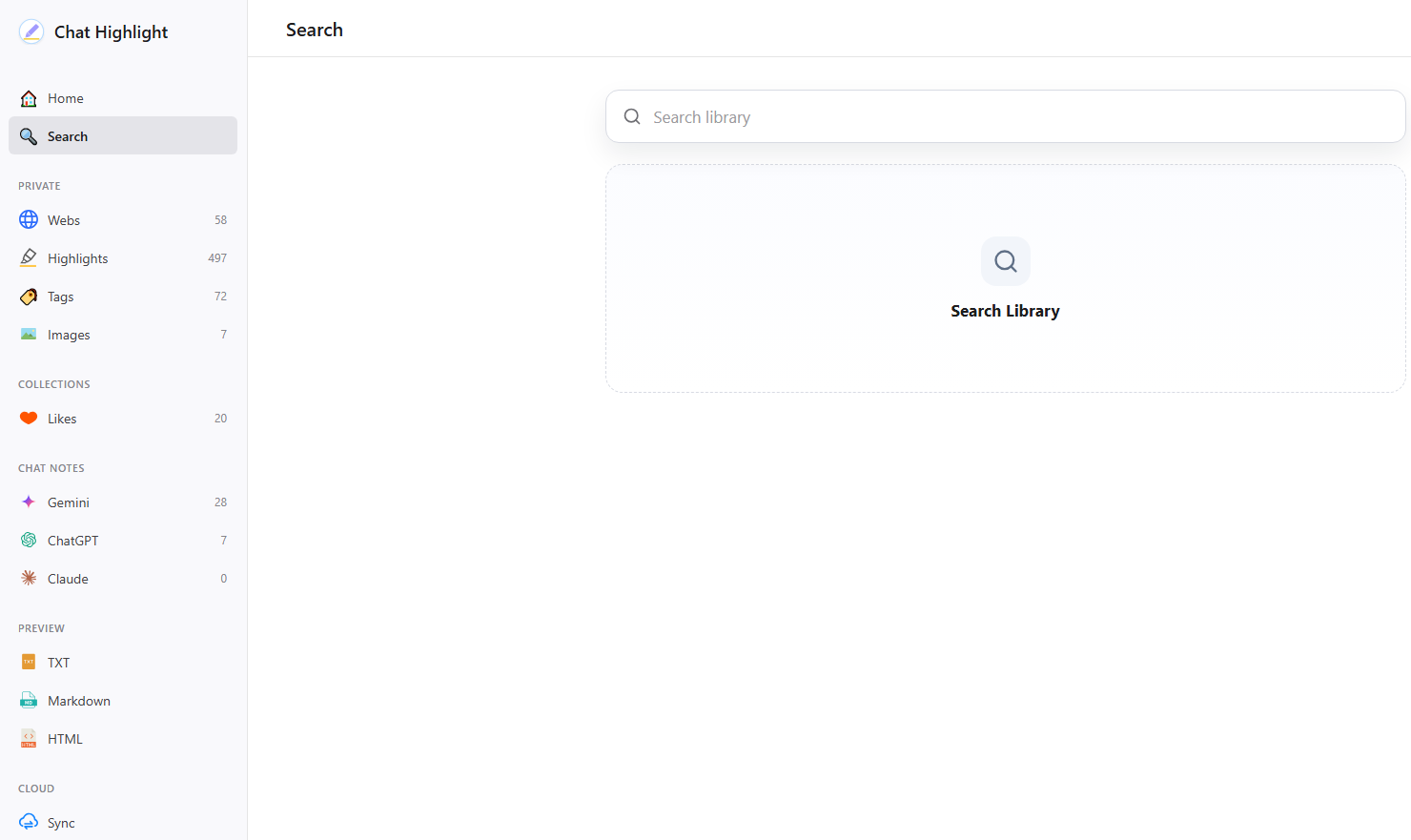 Local Dashboard search view with Webs, Highlights, Tags, Images, Likes, and AI chat note navigation