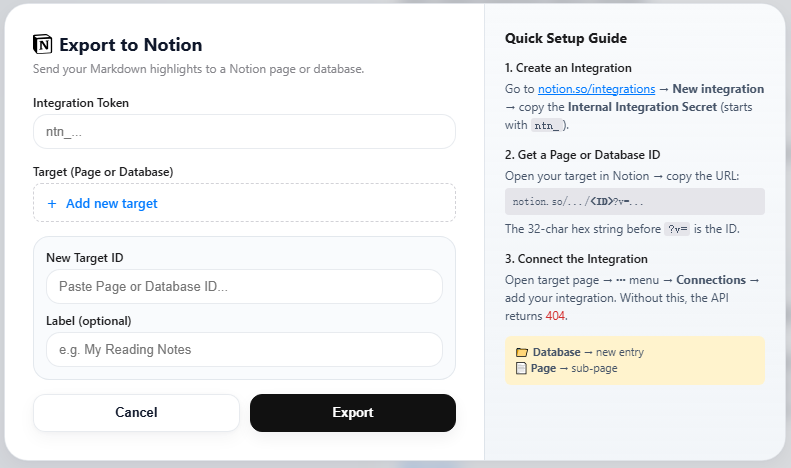 Notion export setup dialog with integration token and target page or database fields