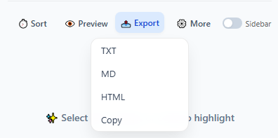 Chat Highlight popup export menu with TXT, MD, HTML, and Copy options