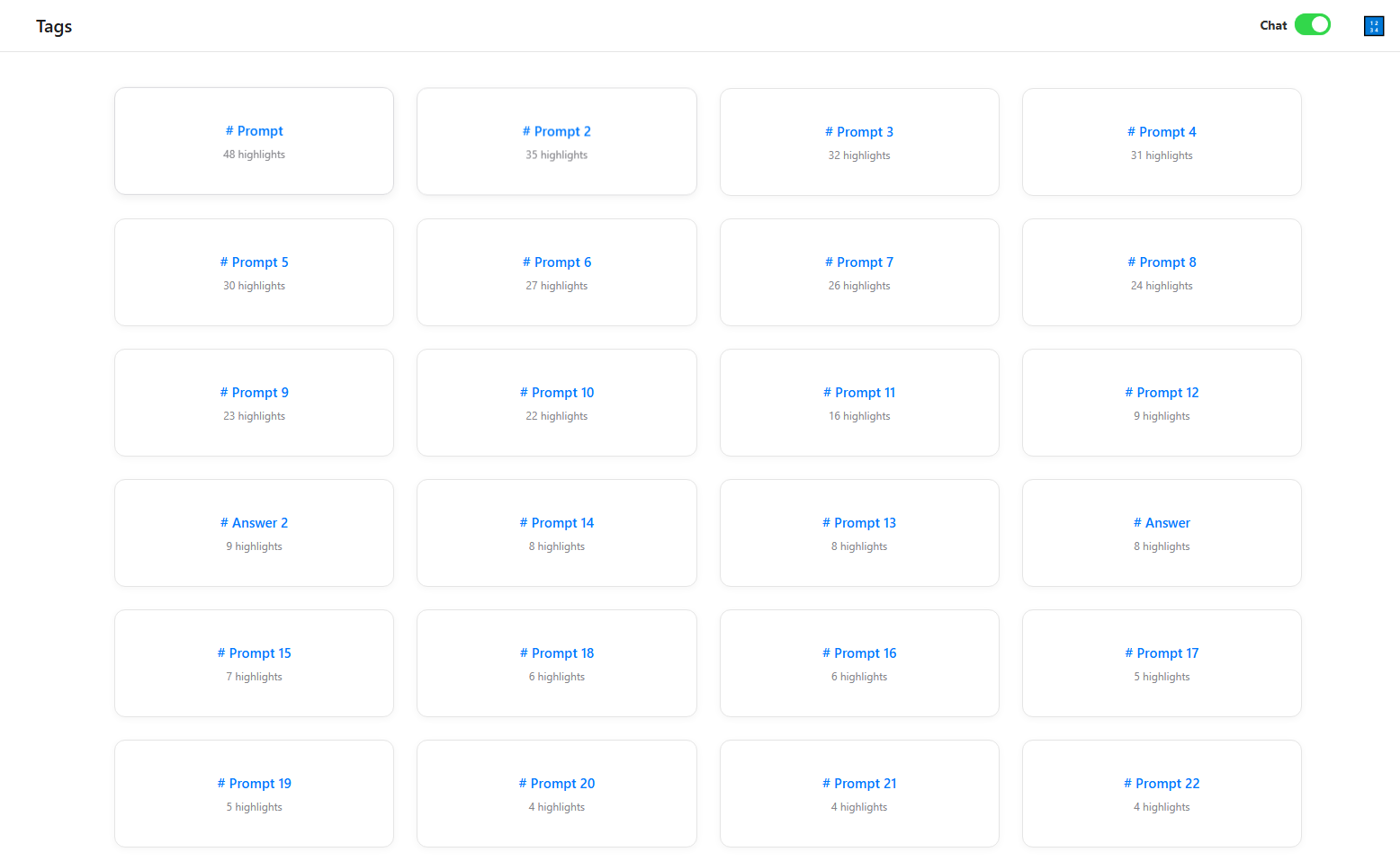 Tags overview with Prompt and Answer tag cards